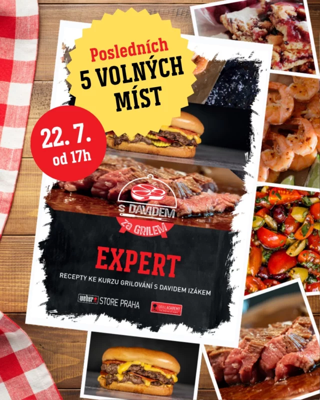 VOLNÁ MÍSTA na kurz EXPERT - 📍 na 22. 7.  👉 Rezervuj si místo ještě dnes a posuň svůj grilovací um na EXPERTní úroveň  🔥 Link v bio nebo https://weber-store.cz/expert/?date=2025-05-13  O kurzu:
Chcete ohromit své přátele a rodinu dokonalými grilovanými specialitami? Staňte se mistrem grilování s naším kurzem EXPERT a naučte se připravit ty nejlahodnější pokrmy pod vedením zkušených grillmasterů! Saltimbocca z lososa s omáčkou vierge, krevetový špíz, Smash Burger. Osvojíte si také techniky přípravy steaku ze suchého zrání. Nechte svou grilovací vášeň rozkvést s kurzem EXPERT!  Z kurzu si krom vědomostí odnesete grilovací zástěru WEBER®, praktickou příručku se všemi recepty, které jste se na kurzu naučili a certifikát o absolvování kurzu. Kurz začíná v 17:00 (v sobotu v 11:00) a trvá obvykle 3 a půl hodiny na adrese Weber Store Praha, Průběžná 3210/80B, 100 00 Praha 10 Strašnice.  MENU:
• SALTIMBOCCA Z LOSOSA A OMÁČKA VIEGRE
• KREVETOVÝ ŠPÍZ S MARINÁDOU Z CITRUSŮ, BAGETKA S AIOLI
• SMASH BURGER
• HOVĚZÍ STEAK
• VIŠŇOVÝ KOLÁČ S DROBENKOU